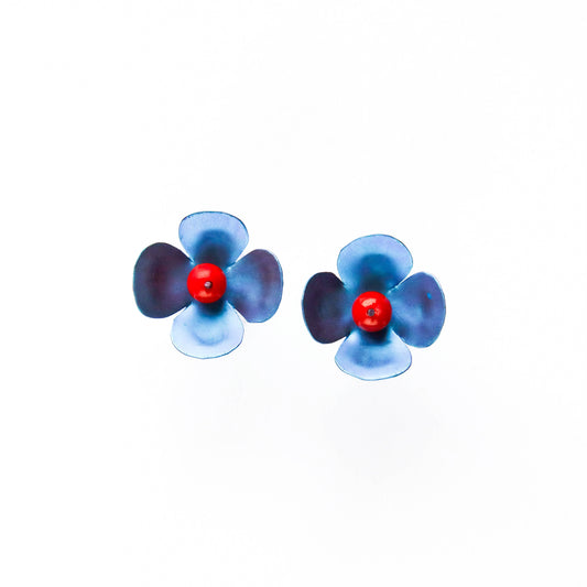 Medium Electric Blue Rounded 4-Petal Flower Studs with a Red Coral Bead