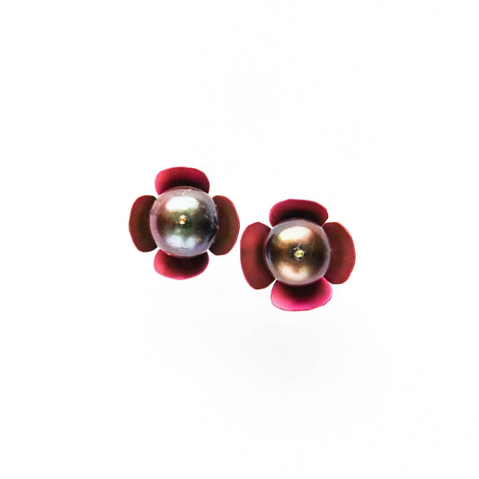 Medium Fuchsia Rounded 4-Petal Flower Studs with a Big Black Pearl