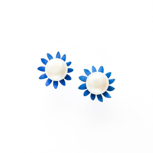 Blue 12-Petal Flower Studs with a Jumbo Pearl