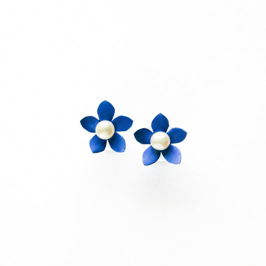 Petite Deep Blue 5-Petal Flower Studs with a White Pearl