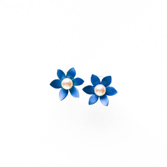 Petite Blue 6-Petal Flower Studs with a White Pearl