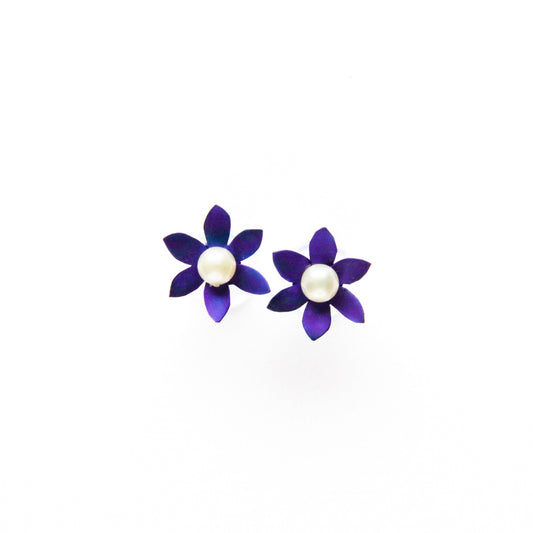 Petite Purple 6-Petal Flower Studs with a White Pearl