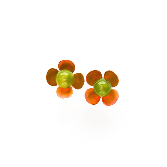 Dainty Golden-Brown Rounded 4-Petal Flower Studs with a Green Agate Beads