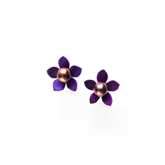 Petite Purple 5-Petal Flower Studs with a Black Pearl