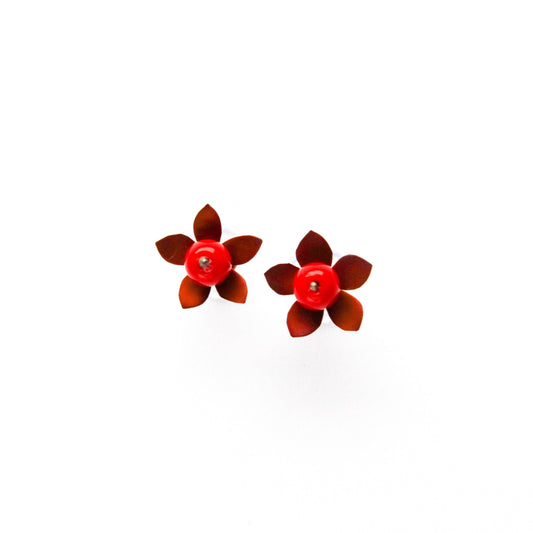 Petite Golden-Brown 5-Petal Flower Studs with a Red Glass Beads